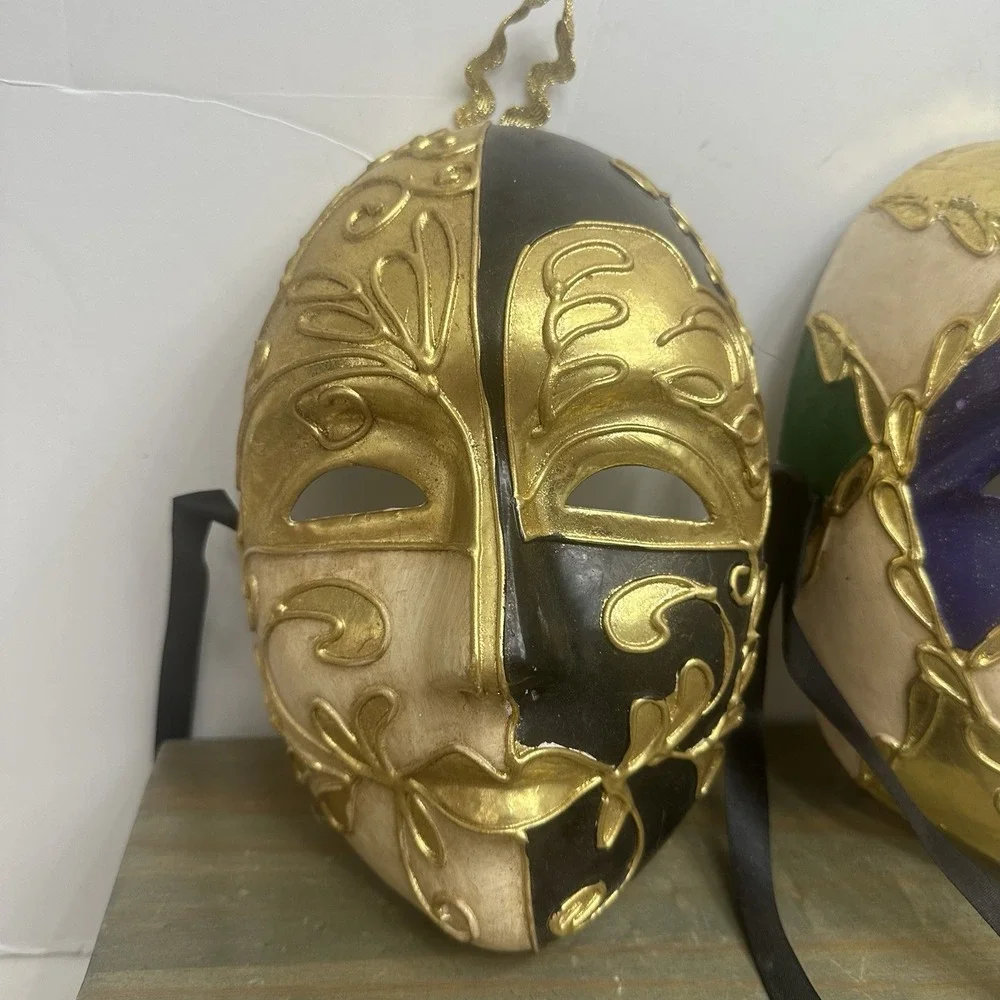 Lot Of 2 Venetian Mardi Gras Mask MASQUERADE CARNIVAL PARTY Gold Hand Painted